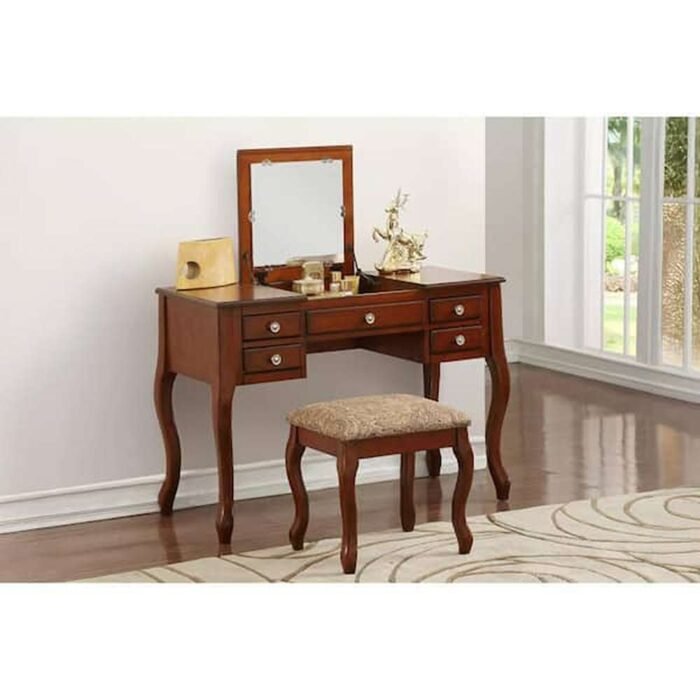 Cherub Cherry Brown Vanity Set Featuring Stool and Flip-Up Mirror